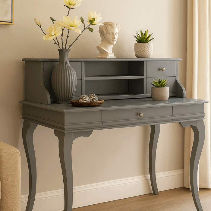 Wooding Mobilya 100 Cm 5 Çekmeceli Masif Gri Raflı Çalışma Masası