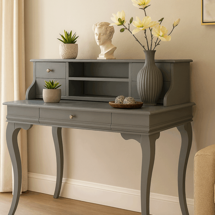 Wooding Mobilya 120 Cm 5 Çekmeceli Masif Gri Raflı Çalışma Masası