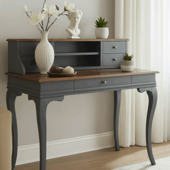 Wooding Mobilya 100 Cm 5 Çekmeceli Masif Antrasit Ceviz Raflı Çalışma Masası