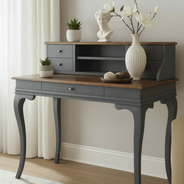 Wooding Mobilya 120 Cm 5 Çekmeceli Masif Antrasit Ceviz Raflı Çalışma Masası