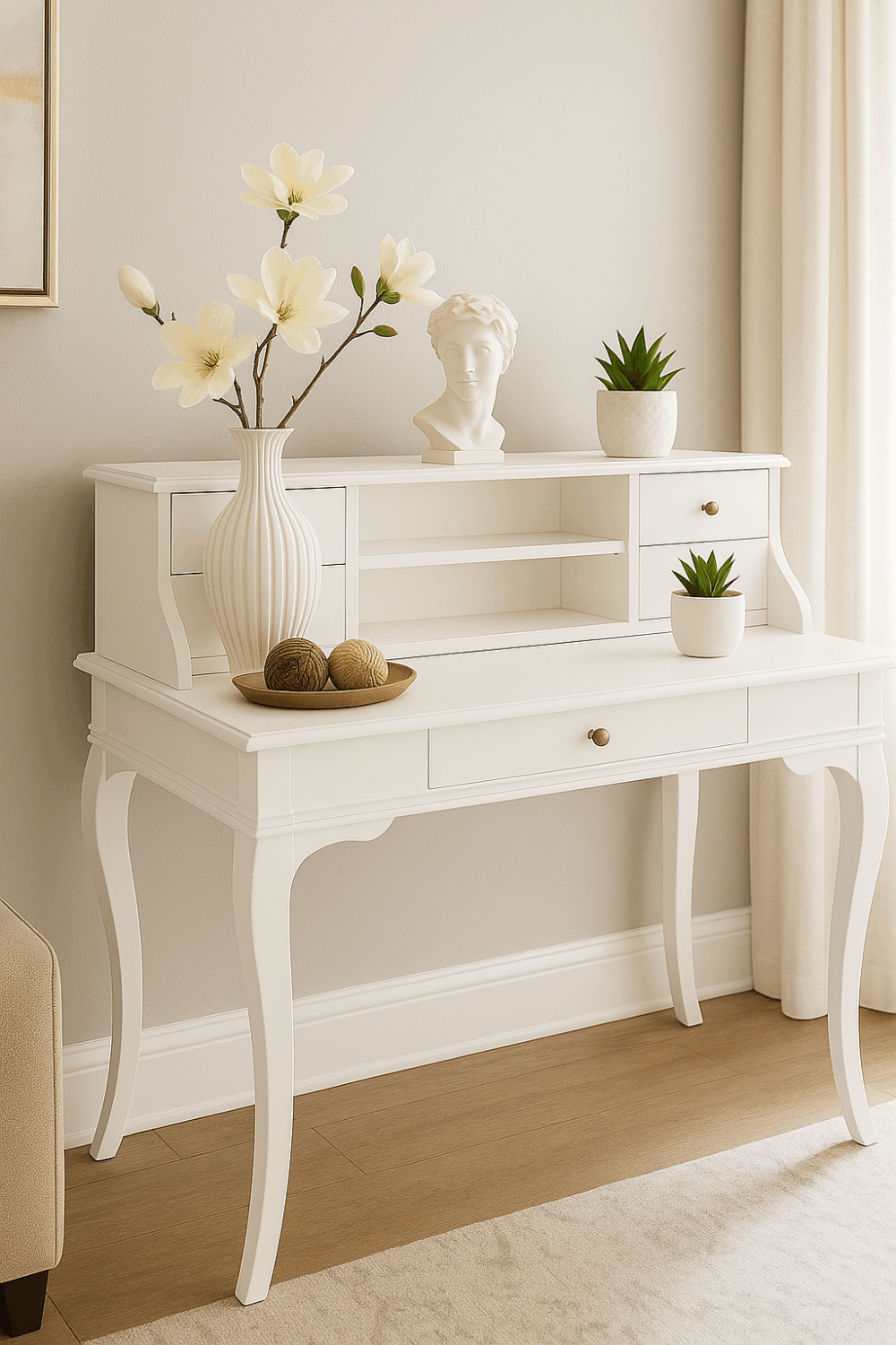 Wooding Mobilya 110 Cm 5 Çekmeceli Masif Beyaz Raflı Çalışma Masası - Görsel 2
