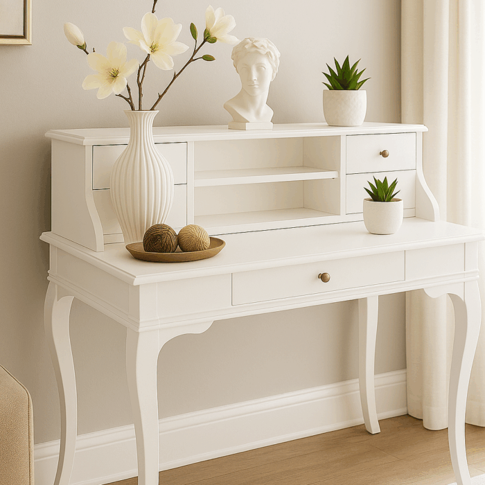 Wooding Mobilya 100 Cm 5 Çekmeceli Masif Beyaz Raflı Çalışma Masası