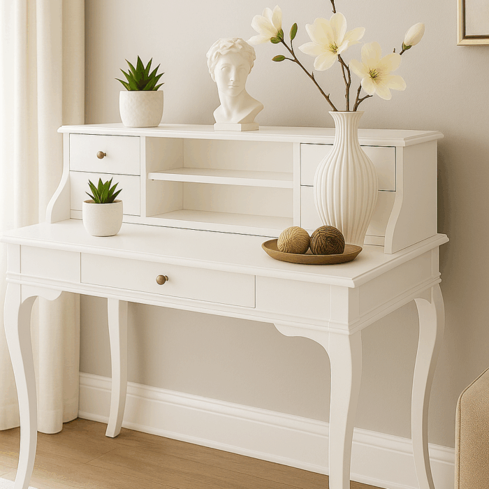 Wooding Mobilya 120 Cm 5 Çekmeceli Masif Beyaz Raflı Çalışma Masası