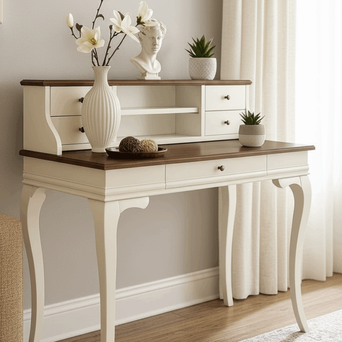 Wooding Mobilya 100 Cm 5 Çekmeceli Masif Beyaz Ceviz Raflı Çalışma Masası