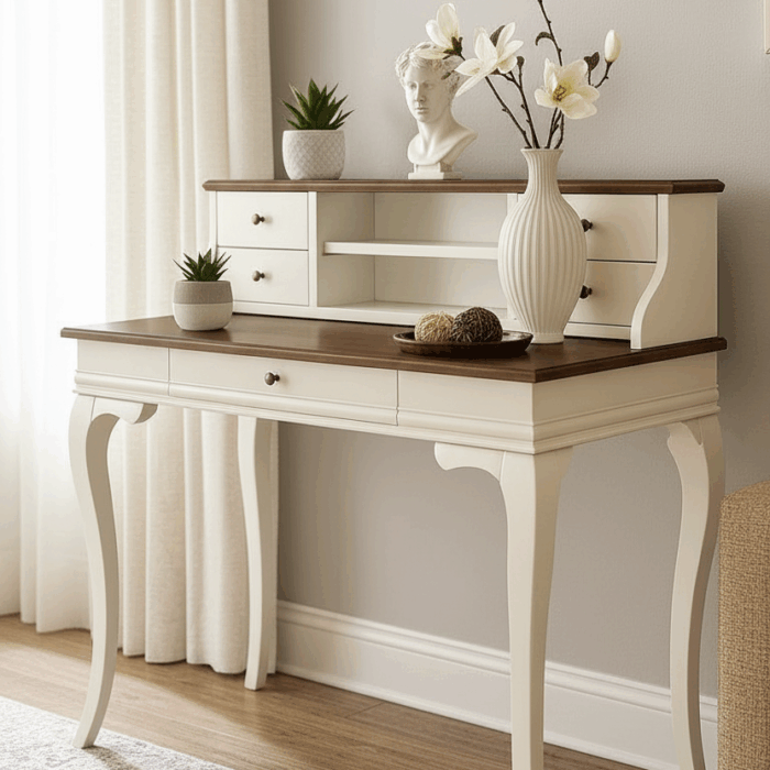 Wooding Mobilya 120 Cm 5 Çekmeceli Masif Beyaz Ceviz Raflı Çalışma Masası