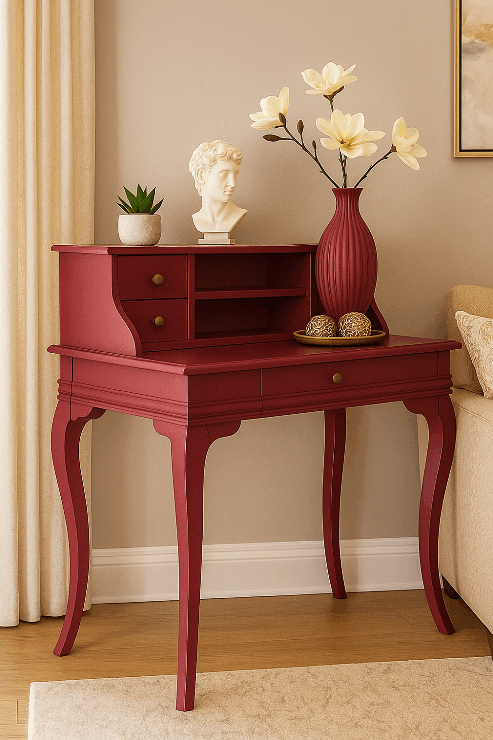 Wooding Mobilya 110 Cm 5 Çekmeceli Masif Bordo Raflı Çalışma Masası - Görsel 2