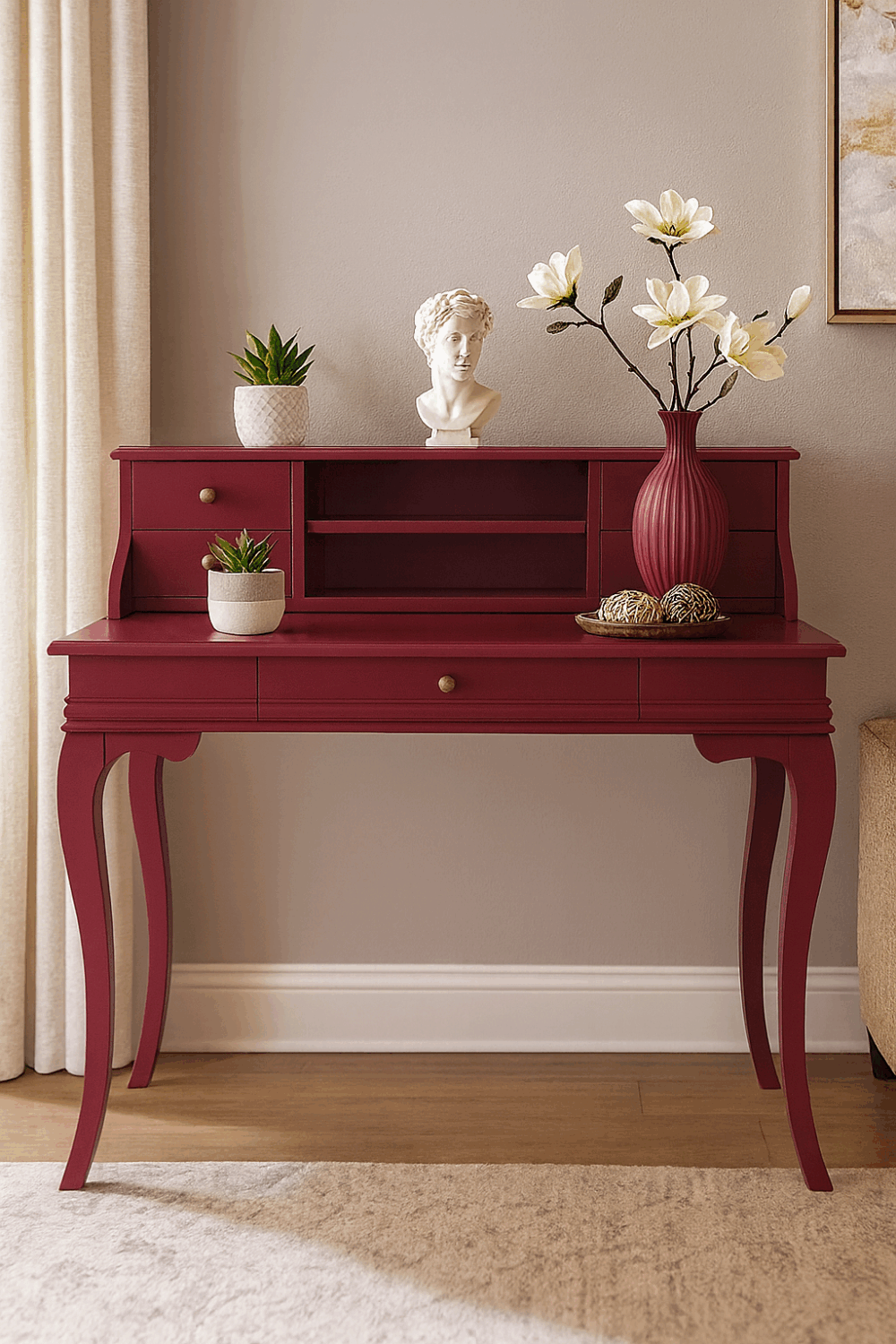 Wooding Mobilya 110 Cm 5 Çekmeceli Masif Bordo Raflı Çalışma Masası