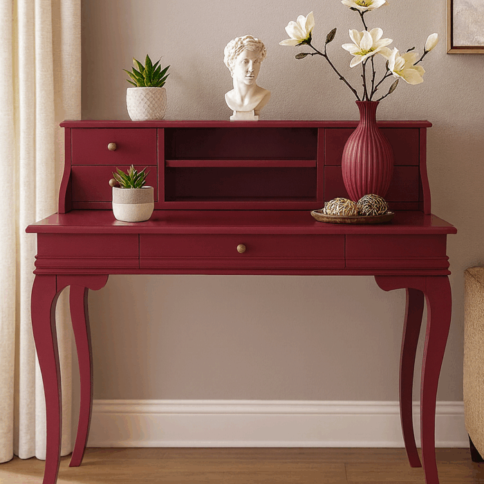 Wooding Mobilya 110 Cm 5 Çekmeceli Masif Bordo Raflı Çalışma Masası
