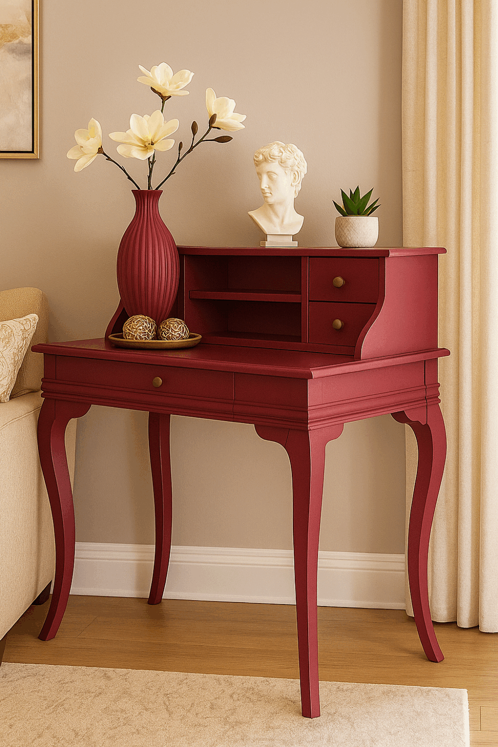 Wooding Mobilya 110 Cm 5 Çekmeceli Masif Bordo Raflı Çalışma Masası - Görsel 3