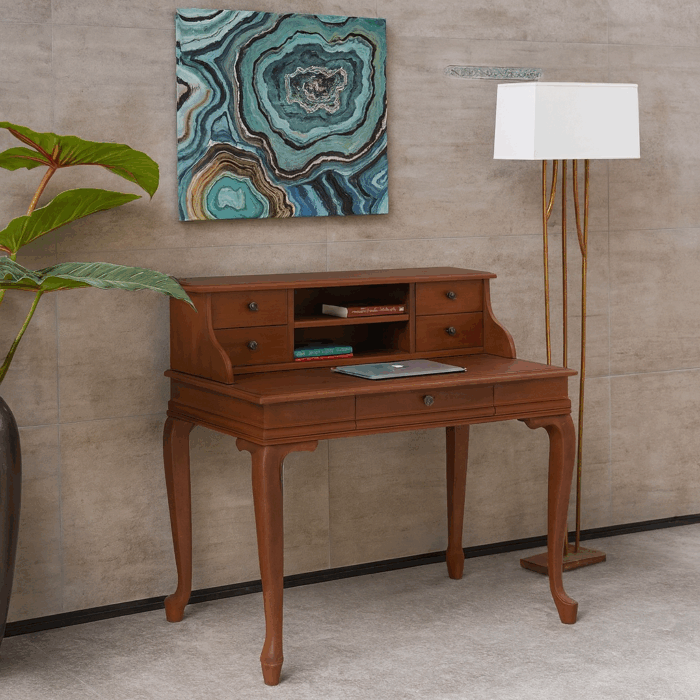 Wooding Mobilya 100 Cm 5 Çekmeceli Masif Ceviz Raflı Çalışma Masası