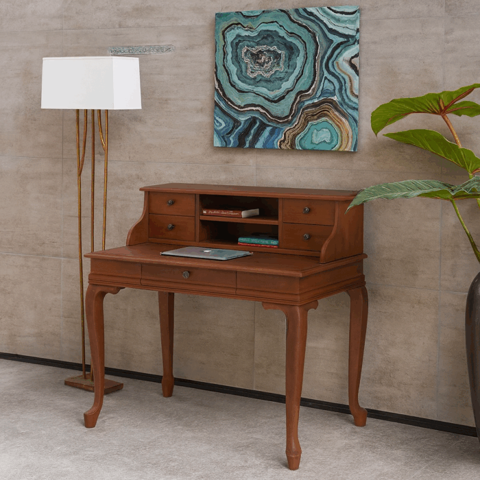 Wooding Mobilya 120 Cm 5 Çekmeceli Masif Ceviz Raflı Çalışma Masası