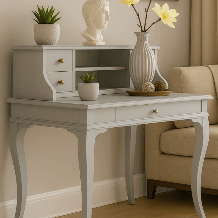 Wooding Mobilya 100 Cm 5 Çekmeceli Masif Açık Gri Raflı Çalışma Masası