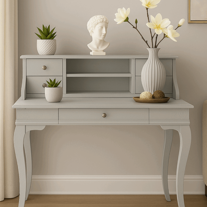 Wooding Mobilya 110 Cm 5 Çekmeceli Masif Açık Gri Raflı Çalışma Masası