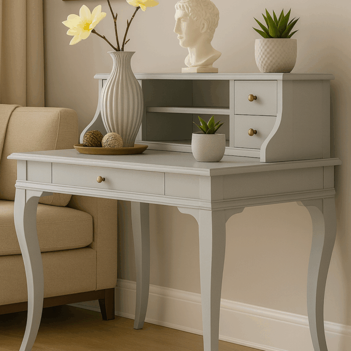 Wooding Mobilya 120 Cm 5 Çekmeceli Masif Açık Gri Raflı Çalışma Masası