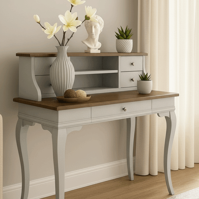 Wooding Mobilya 100 Cm 5 Çekmeceli Masif Gri Ceviz Raflı Çalışma Masası