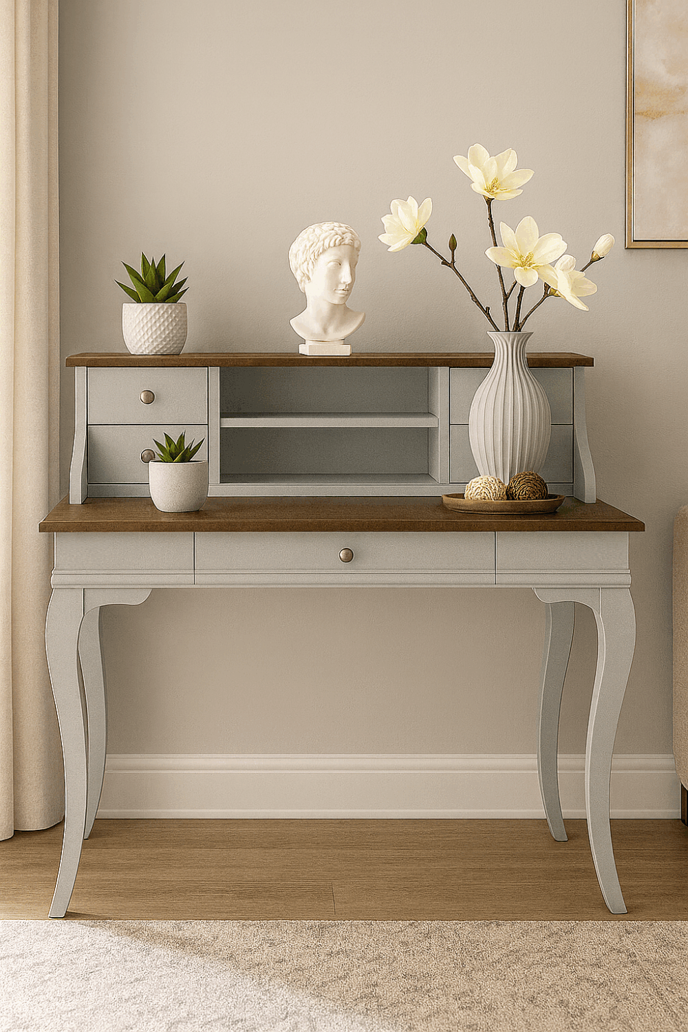 Wooding Mobilya 110 Cm 5 Çekmeceli Masif Gri Ceviz Raflı Çalışma Masası