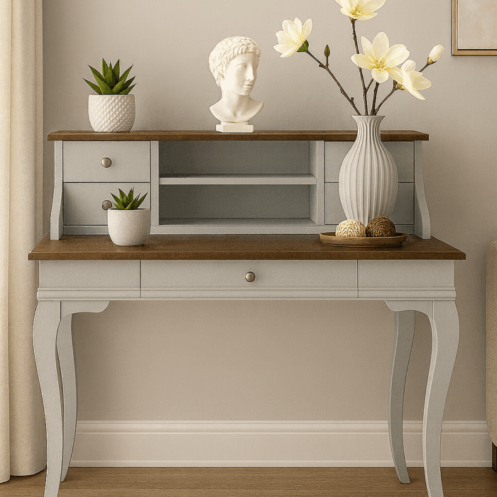 Wooding Mobilya 110 Cm 5 Çekmeceli Masif Gri Ceviz Raflı Çalışma Masası