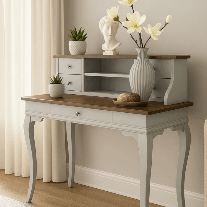 Wooding Mobilya 120 Cm 5 Çekmeceli Masif Gri Ceviz Raflı Çalışma Masası