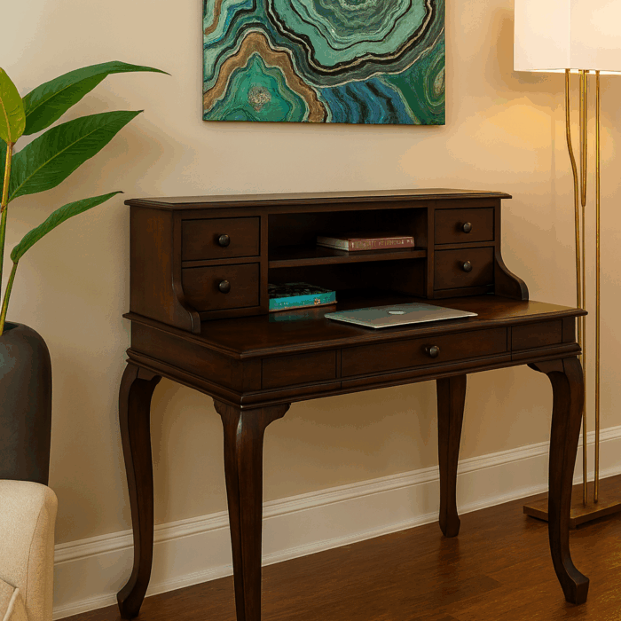 Wooding Mobilya 100 Cm 5 Çekmeceli Masif Koyu Ceviz Raflı Çalışma Masası