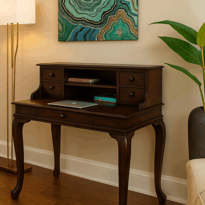 Wooding Mobilya 120 Cm 5 Çekmeceli Masif Koyu Ceviz Raflı Çalışma Masası