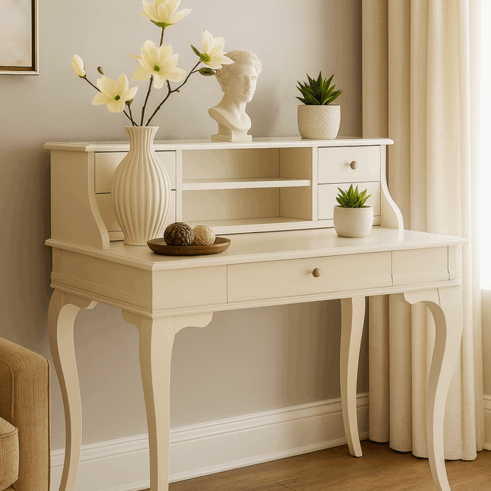 Wooding Mobilya 100 Cm 5 Çekmeceli Masif Krem Raflı Çalışma Masası