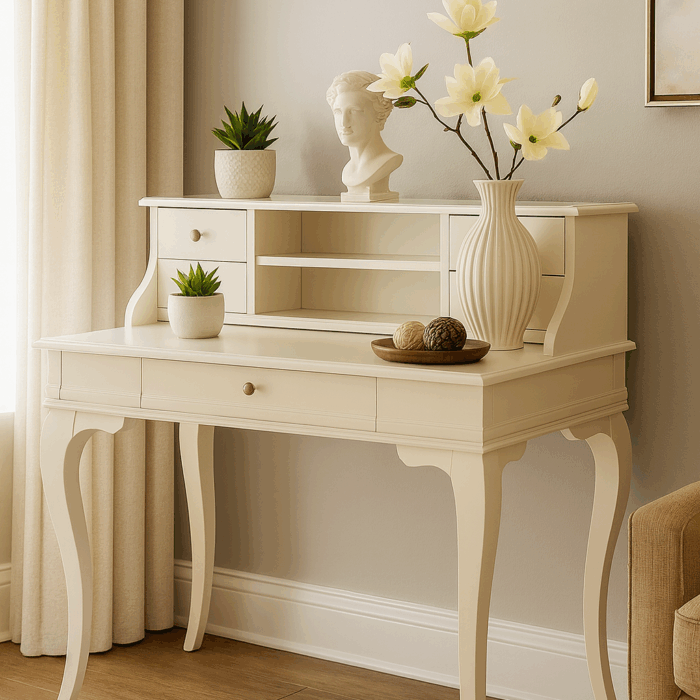 Wooding Mobilya 120 Cm 5 Çekmeceli Masif Krem Raflı Çalışma Masası