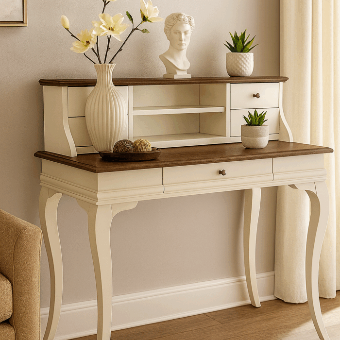 Wooding Mobilya 100 Cm 5 Çekmeceli Masif Krem Ceviz Raflı Çalışma Masası