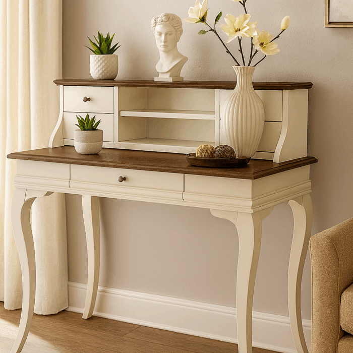 Wooding Mobilya 120 Cm 5 Çekmeceli Masif Krem Ceviz Raflı Çalışma Masası