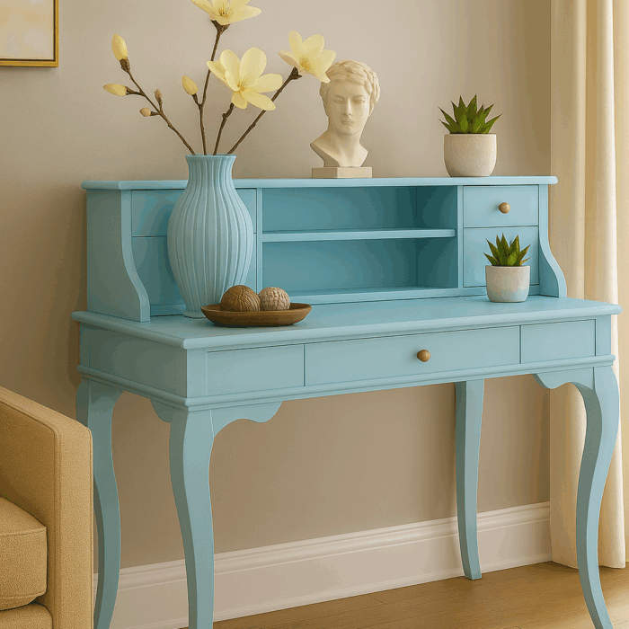 Wooding Mobilya 100 Cm 5 Çekmeceli Masif Mavi Raflı Çalışma Masası