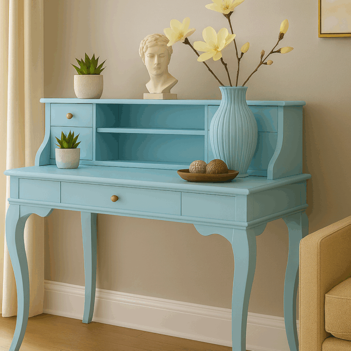 Wooding Mobilya 120 Cm 5 Çekmeceli Masif Mavi Raflı Çalışma Masası