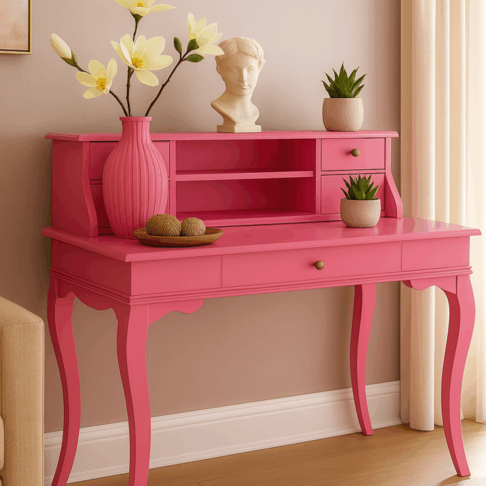 Wooding Mobilya 100 Cm 5 Çekmeceli Masif Pembe Raflı Çalışma Masası