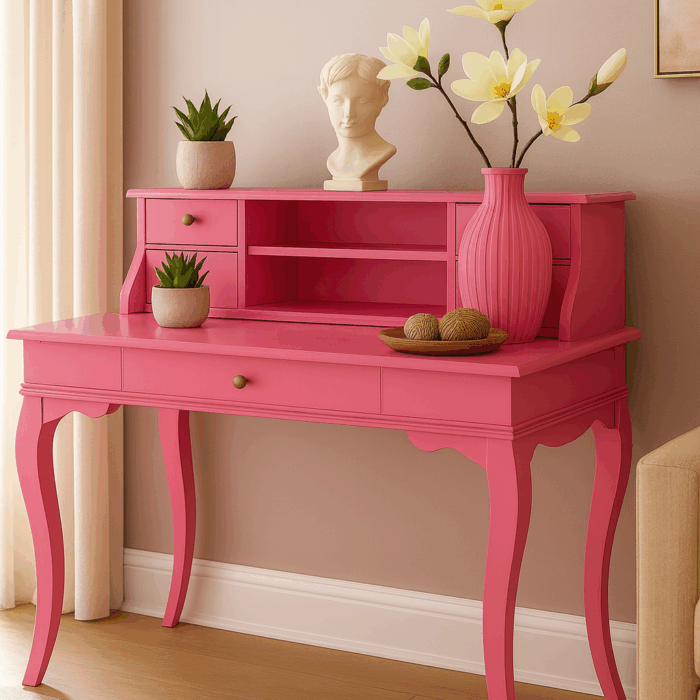 Wooding Mobilya 120 Cm 5 Çekmeceli Masif Pembe Raflı Çalışma Masası