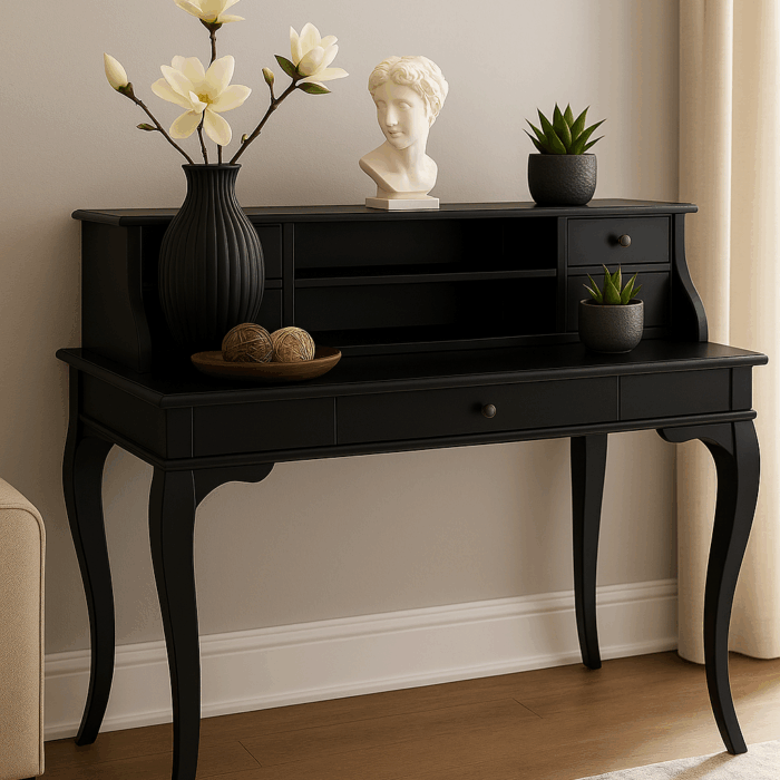 Wooding Mobilya 100 Cm 5 Çekmeceli Masif Siyah Raflı Çalışma Masası