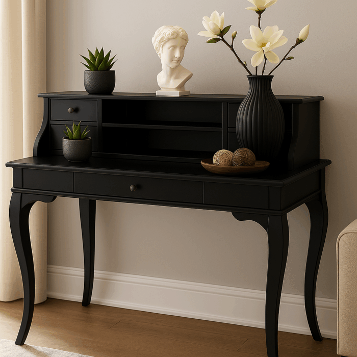 Wooding Mobilya 120 Cm 5 Çekmeceli Masif Siyah Raflı Çalışma Masası