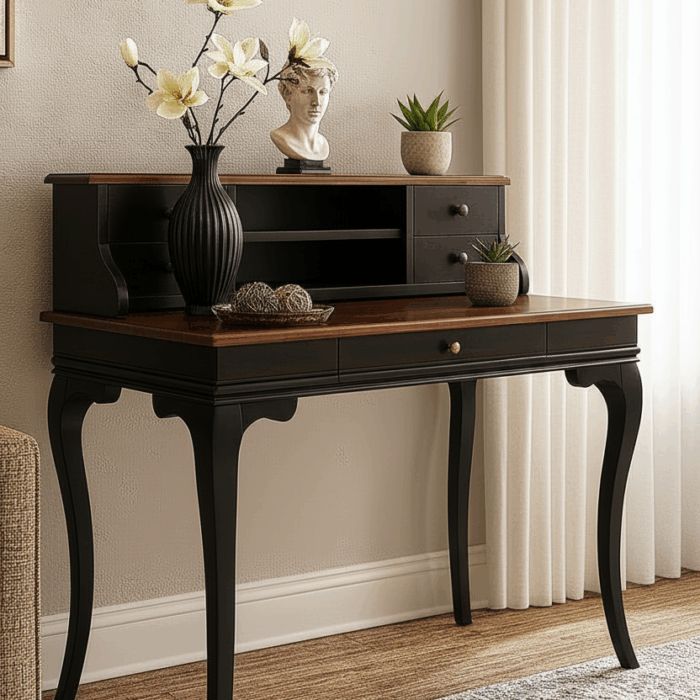 Wooding Mobilya 100 Cm 5 Çekmeceli Masif Siyah Ceviz Raflı Çalışma Masası