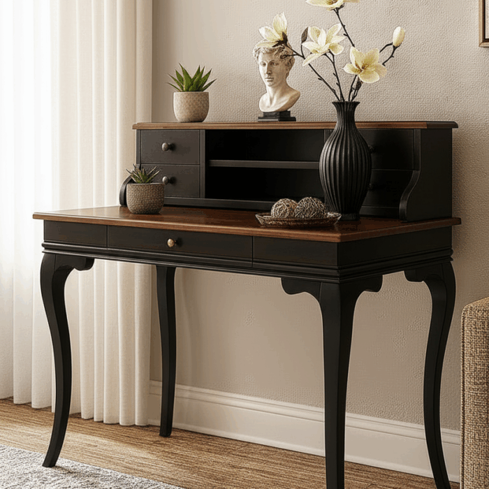 Wooding Mobilya 120 Cm 5 Çekmeceli Masif Siyah Ceviz Raflı Çalışma Masası