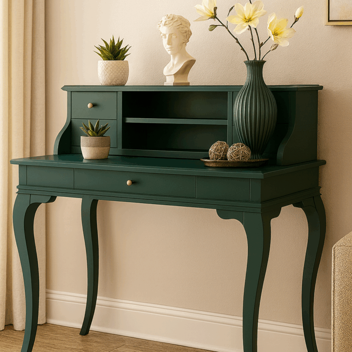 Wooding Mobilya 120 Cm 5 Çekmeceli Masif Yeşil Raflı Çalışma Masası