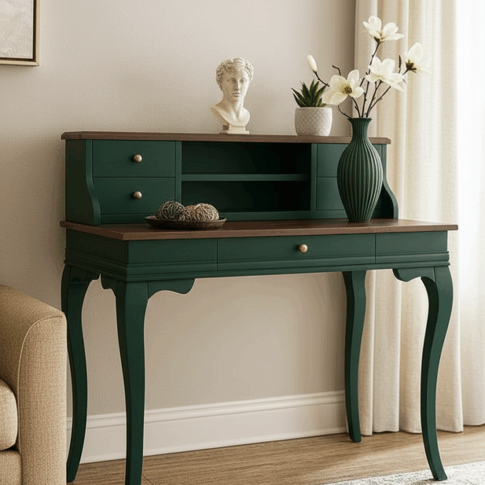 Wooding Mobilya 100 Cm 5 Çekmeceli Masif Yeşil Ceviz Raflı Çalışma Masası