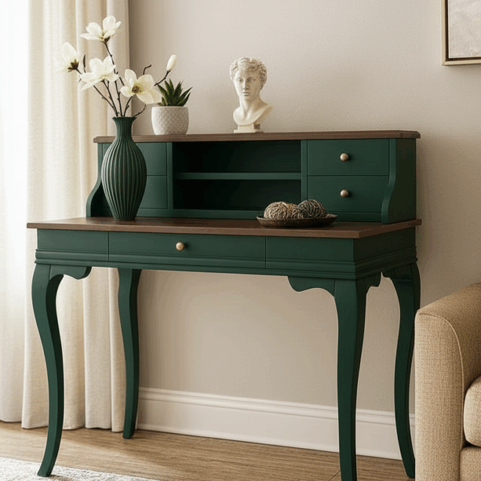 Wooding Mobilya 120 Cm 5 Çekmeceli Masif Yeşil Ceviz Raflı Çalışma Masası