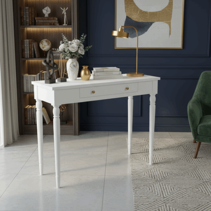 Wooding Mobilya 110 Cm Masif Tornalı Beyaz Çalışma Masası