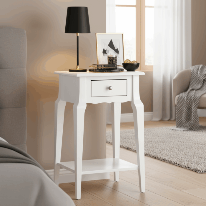 Wooding Mobilya Masif Konik Beyaz Raflı Komodin