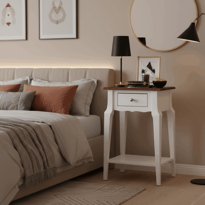 Wooding Mobilya Masif Konik Beyaz Ceviz Raflı Komodin