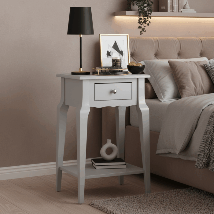 Wooding Mobilya Masif Konik Açık Gri Raflı Komodin