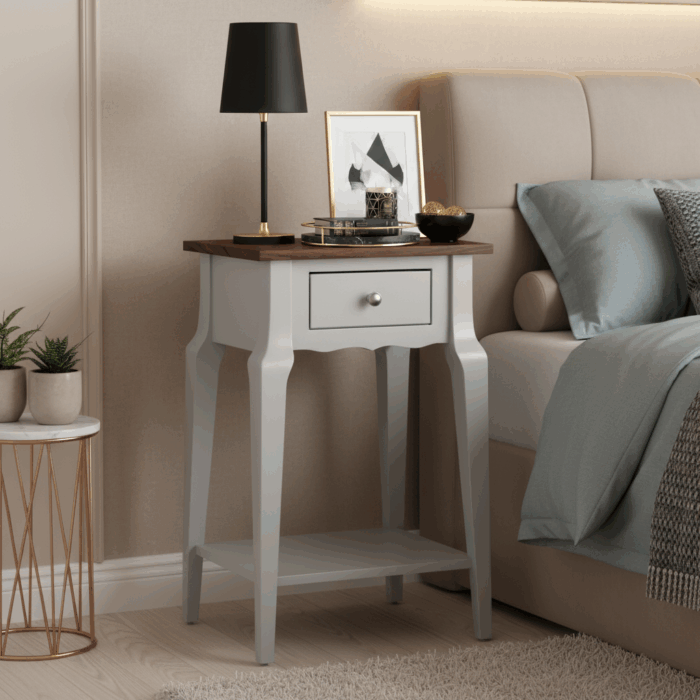 Wooding Mobilya Masif Konik Açık Gri  Ceviz Raflı Komodin