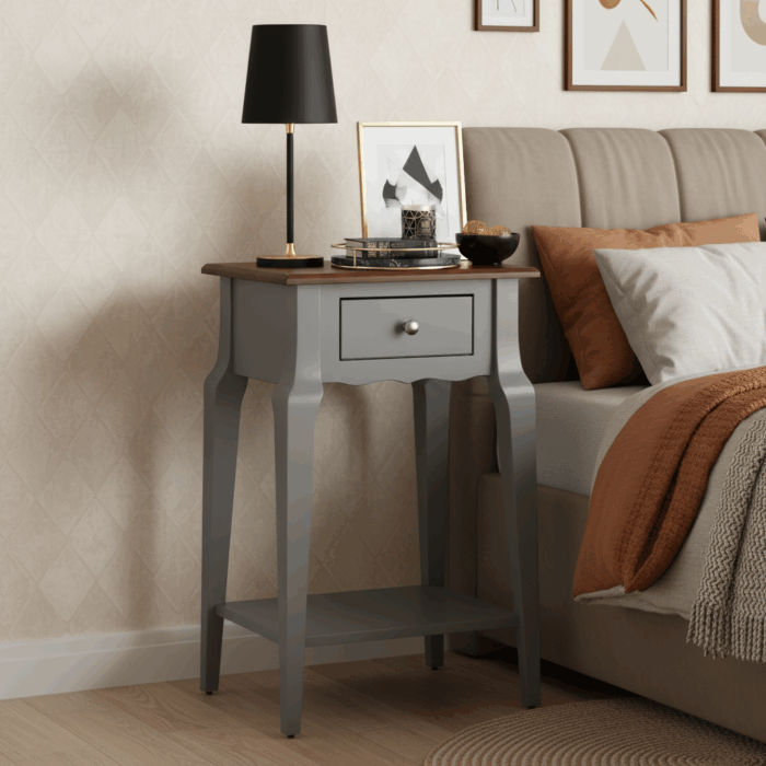 Wooding Mobilya Masif Konik Gri Ceviz Raflı Komodin