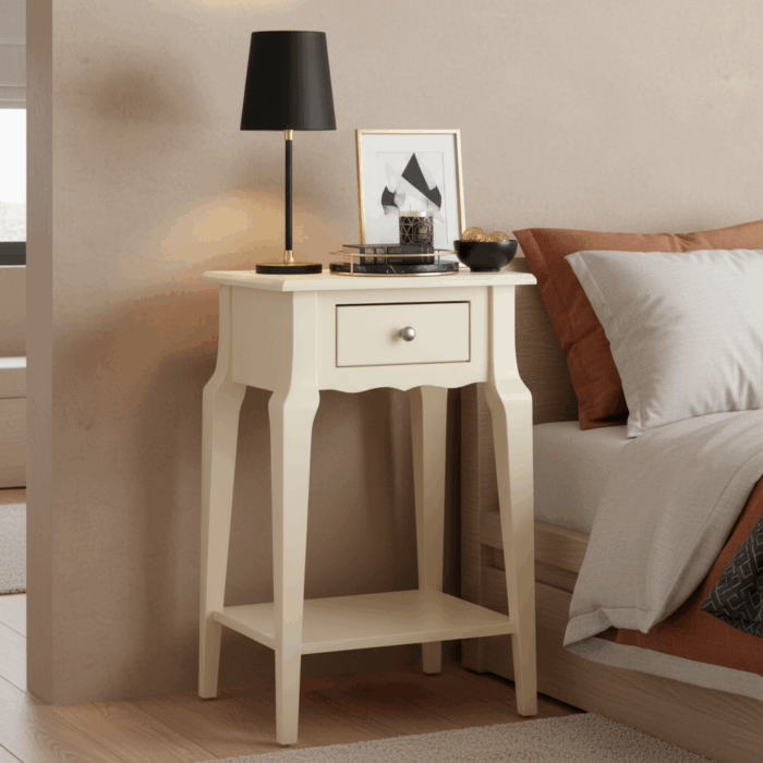 Wooding Mobilya Masif Konik Krem Raflı Komodin