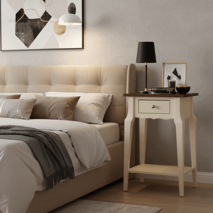 Wooding Mobilya Masif Konik Krem Ceviz Raflı Komodin