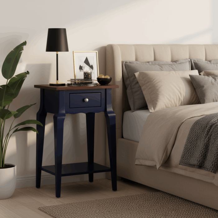 Wooding Mobilya Masif Konik Lacivert Ceviz Raflı Komodin