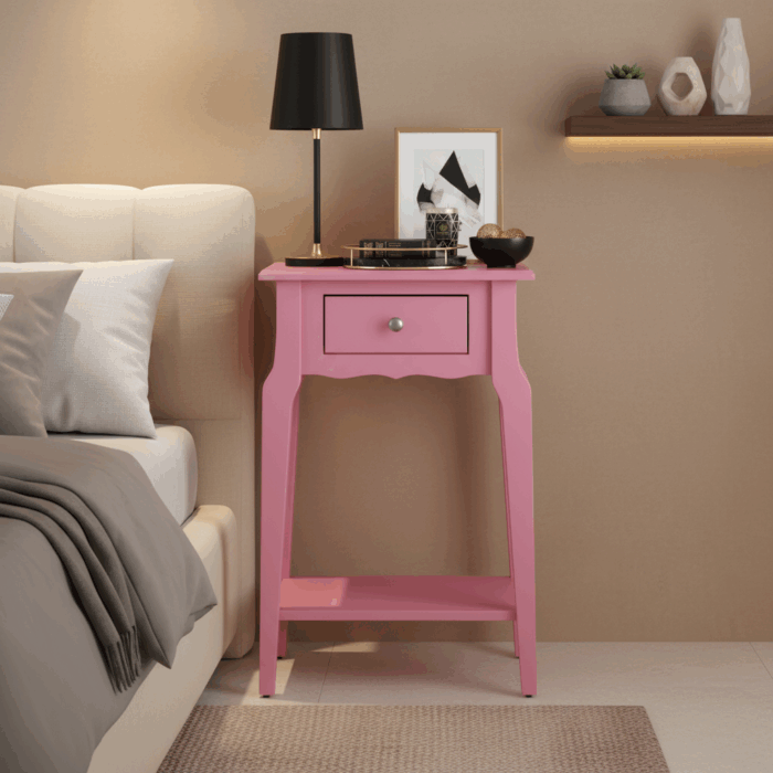 Wooding Mobilya Masif Konik Pembe Raflı Komodin