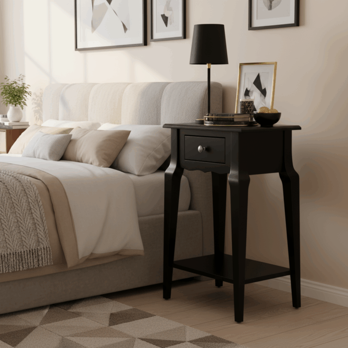 Wooding Mobilya Masif Konik Siyah Raflı Komodin